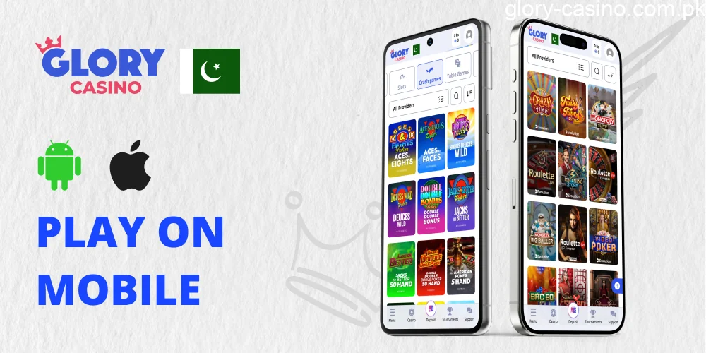 Glory Casino app open on a smartphone with Android and iOS icons