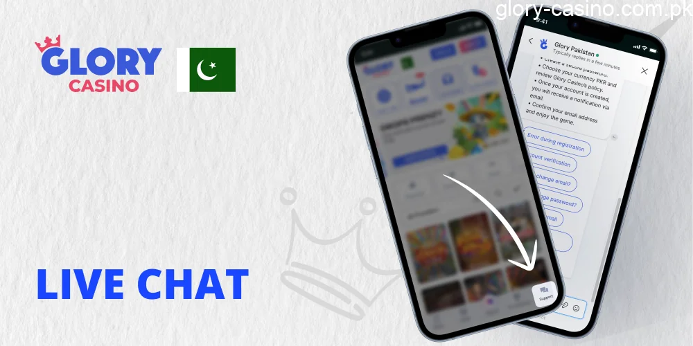 Live Chat support method in Glory Casino PK