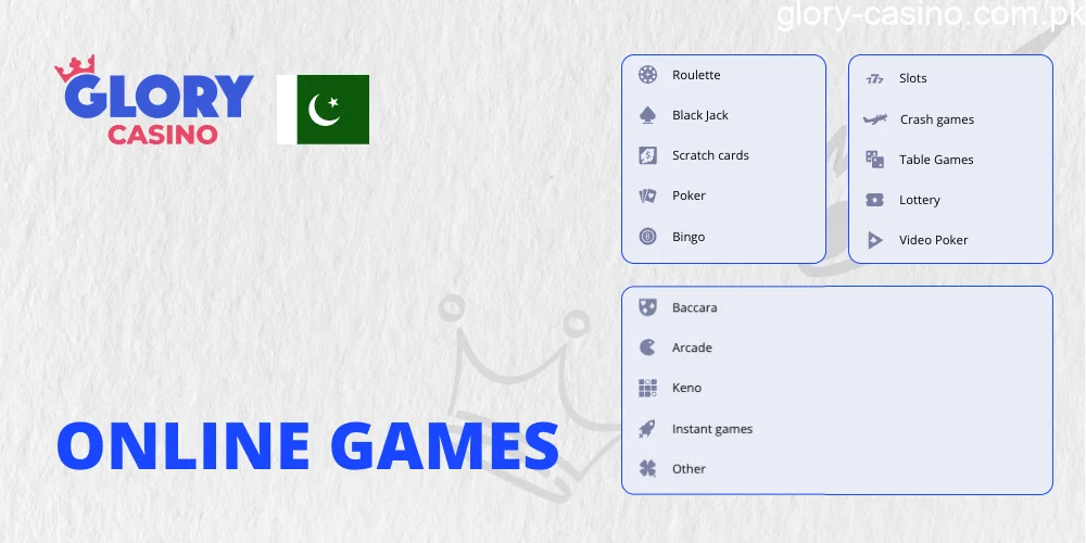 Types of online games in Glory Casino PK
