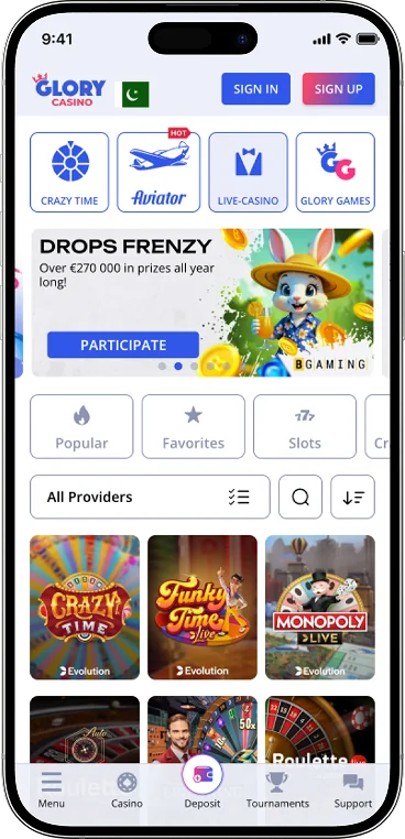 Screen mobile Glory Casino app