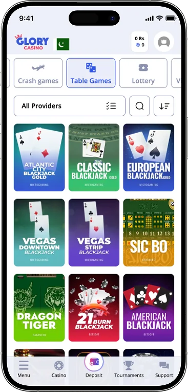 Screen mobile Glory Casino app