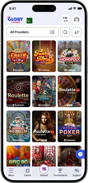 Screen mobile Glory Casino app