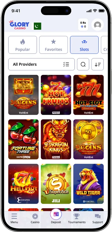Screen mobile Glory Casino app