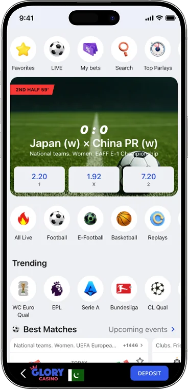 Screen mobile Glory Casino app