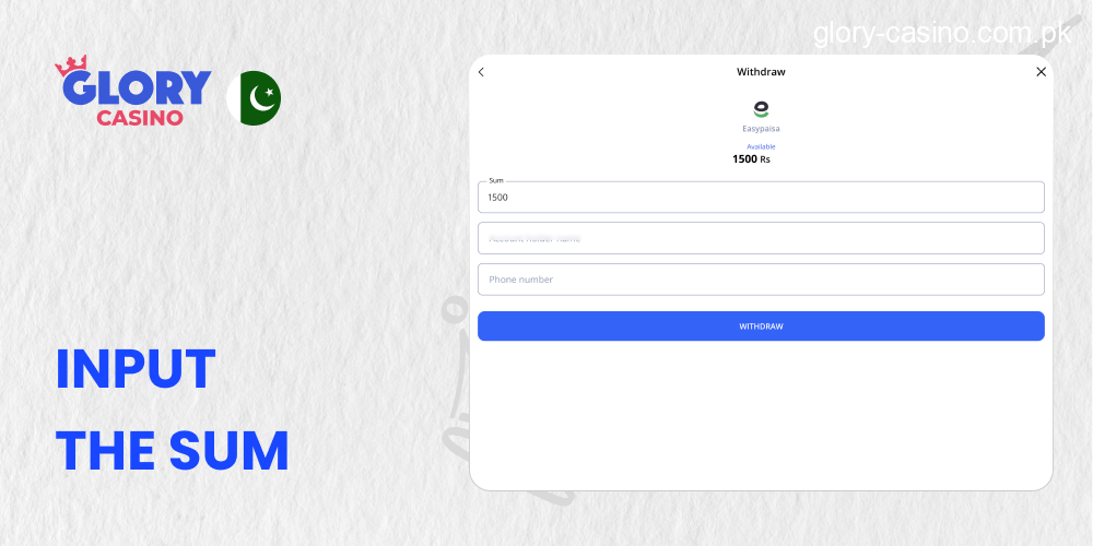 Input your sum for withdraw in Glory Casino