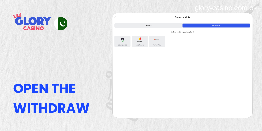 Open the Withdraw section in Glory Casino