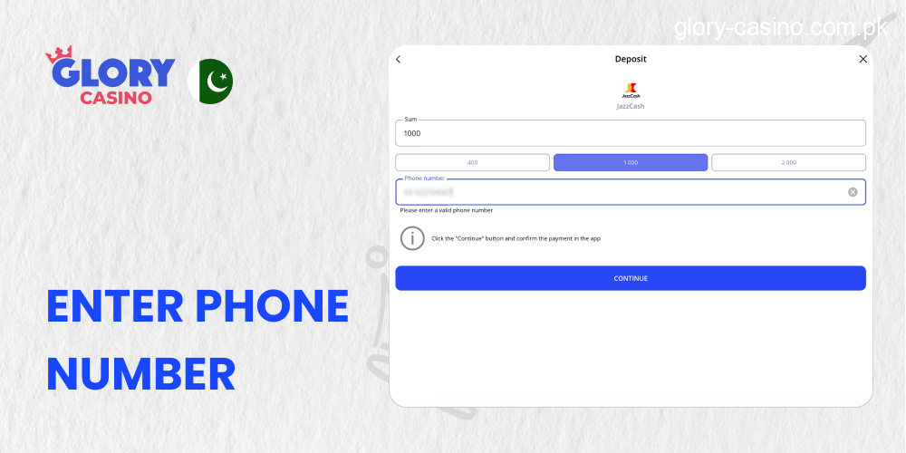 Enter your mobile number in Glory Casino