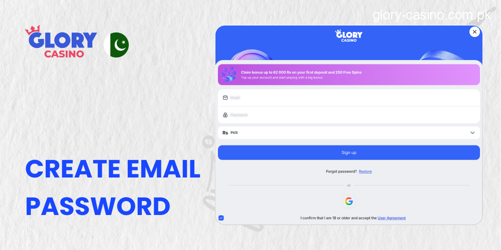 Enter email and create Password in Glory Casino