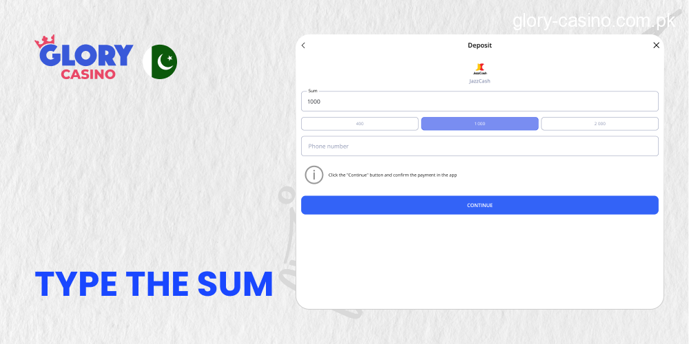 Type the Sum for Top Up your Account in Glory Casino PK